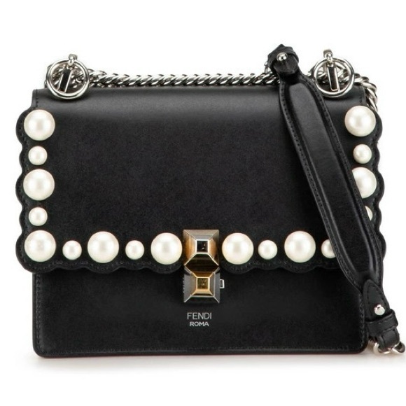 Fendi Handbags - Fendi Kan I Scalloped Pearl Leather Shoulder / Crossbody Bag - Black/Gold